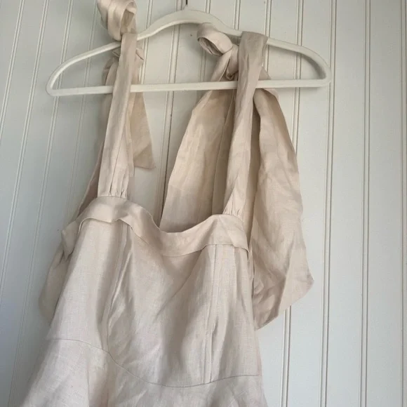 DISSH Size 4 Tan Creasm Aisle Pearl Linen Bow Mini Dress - Picture 6 of 10